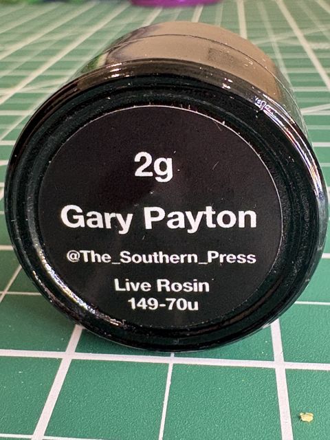 The jar label: 2g Gary Payton, @The_Southern_Press, Live Rosin 149-70u