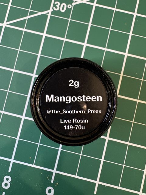 The jar label: 2g Mangosteen, @The_Southern_Press, Live Rosin 149-70u