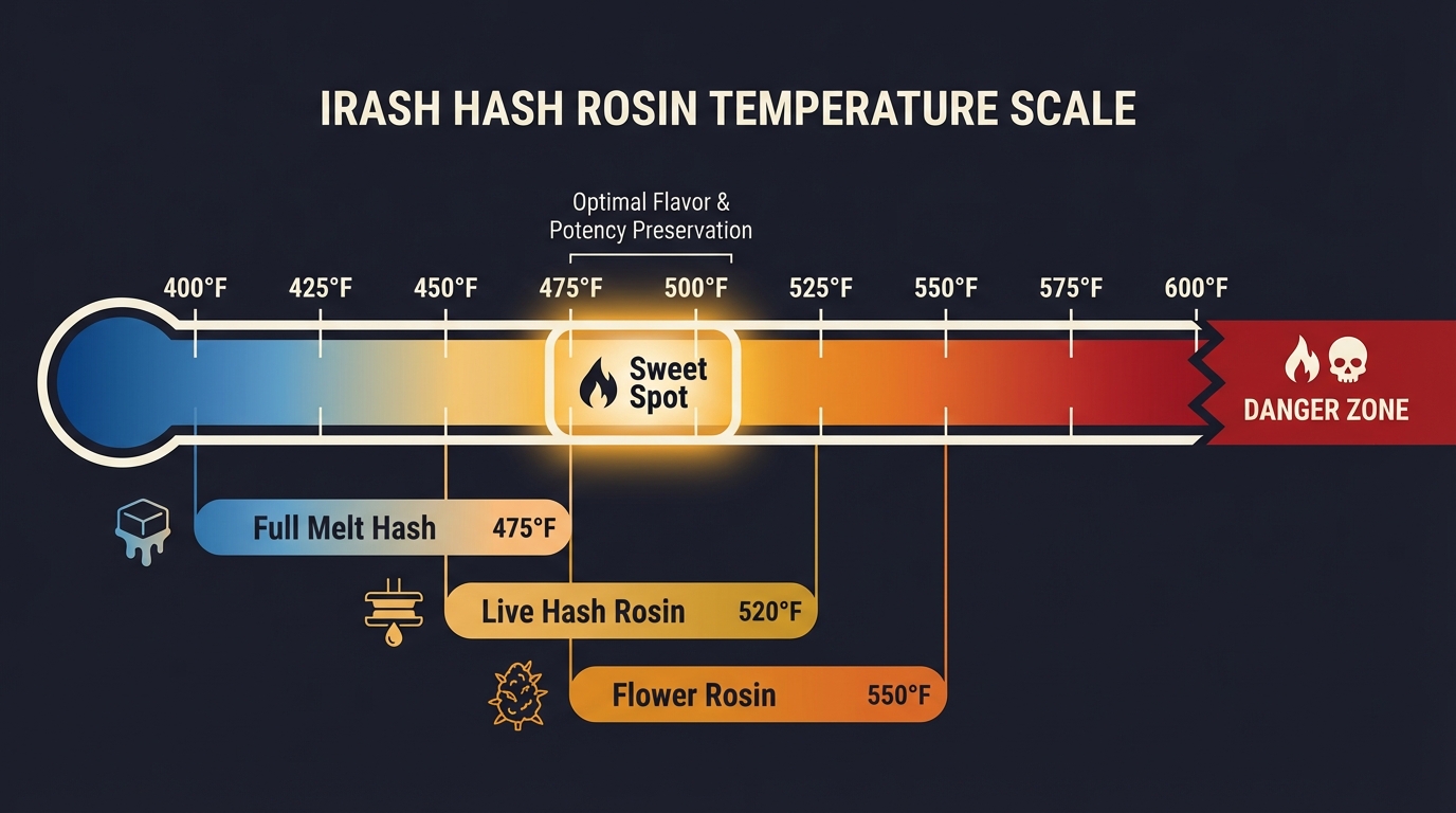 The best temperature to dab rosin is 450–550°F depending on your setup. Lower preserves terpenes, higher produces more vapor. Here's how to dial it in for every rig type.