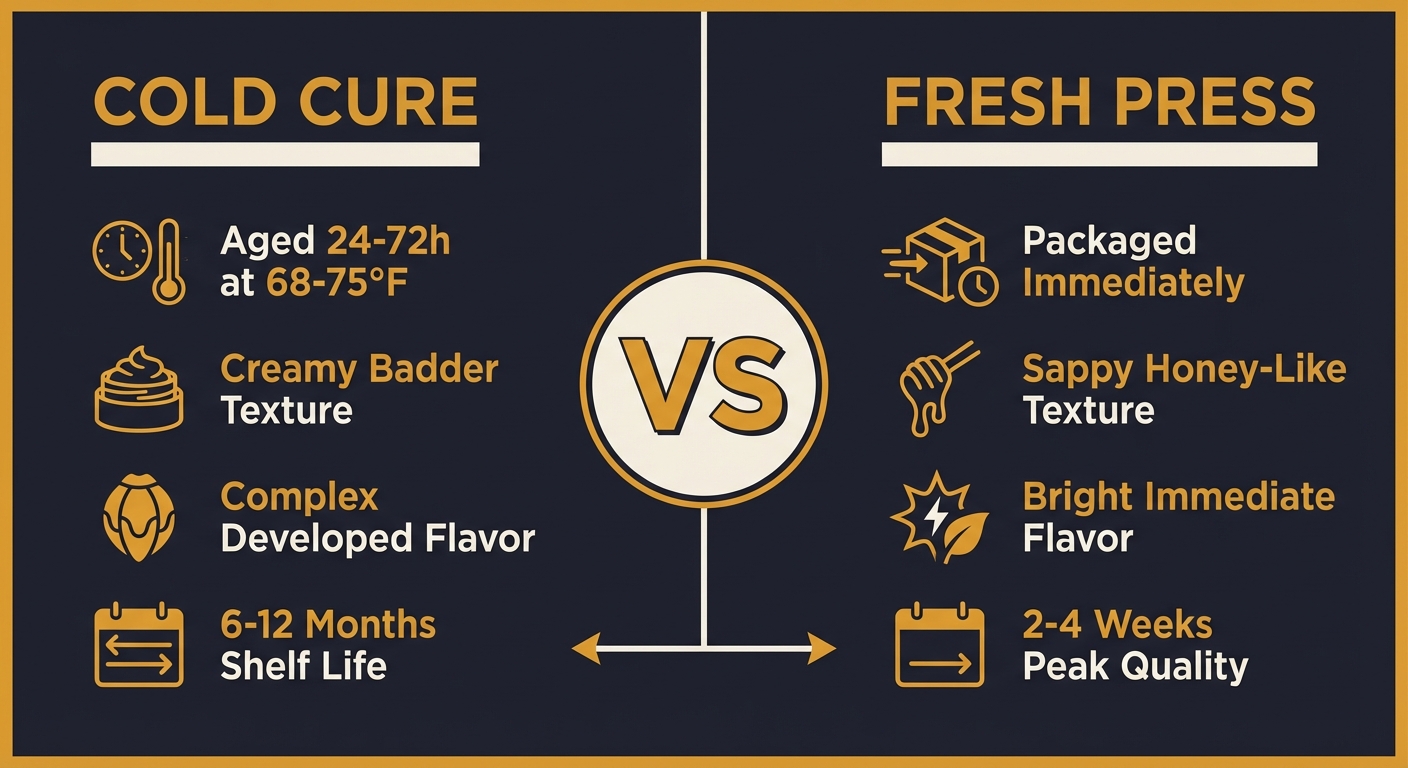 Complete guide comparing cold cure and fresh press rosin methods. Learn processing differences, storage requirements, yields, and market considerations for both techniques.