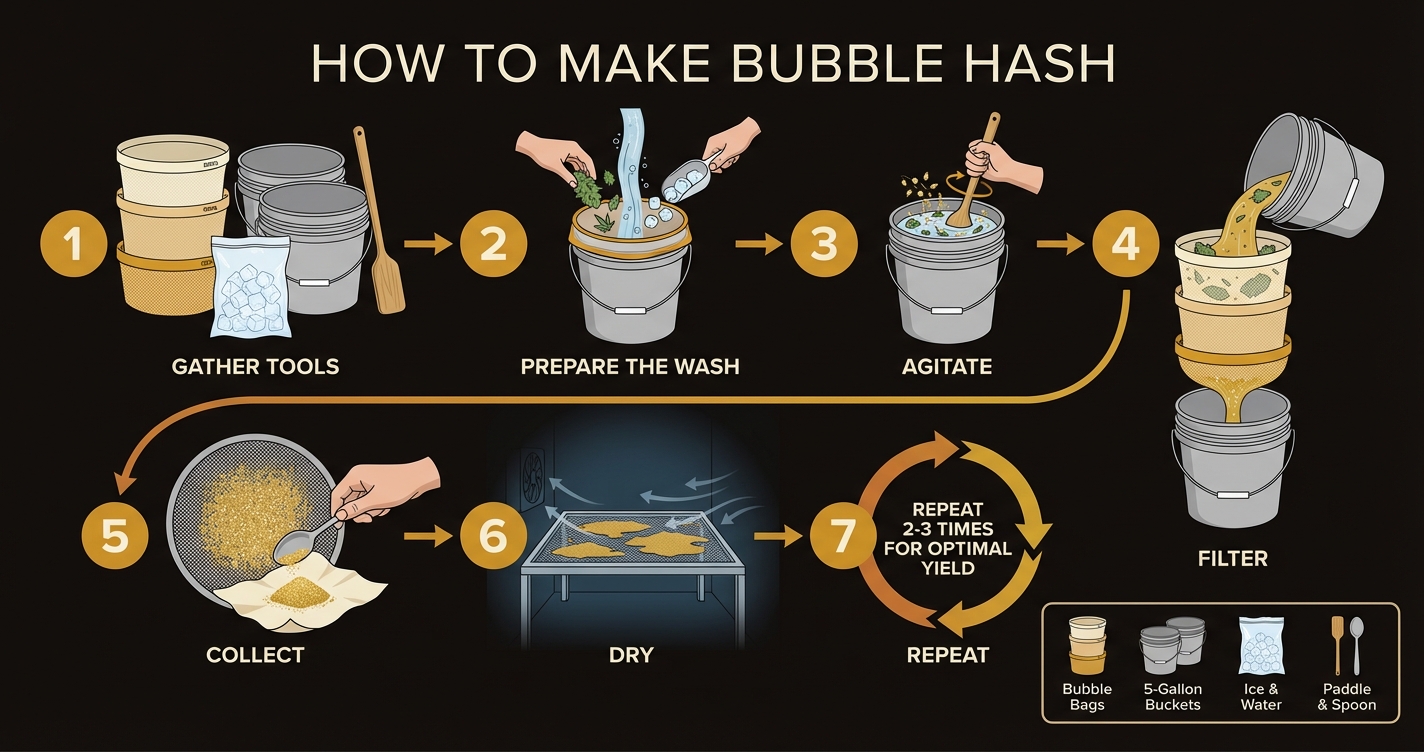 How to make bubble hash — 7-step illustrated process: gather tools, prepare the wash, agitate, filter, collect, dry, and repeat