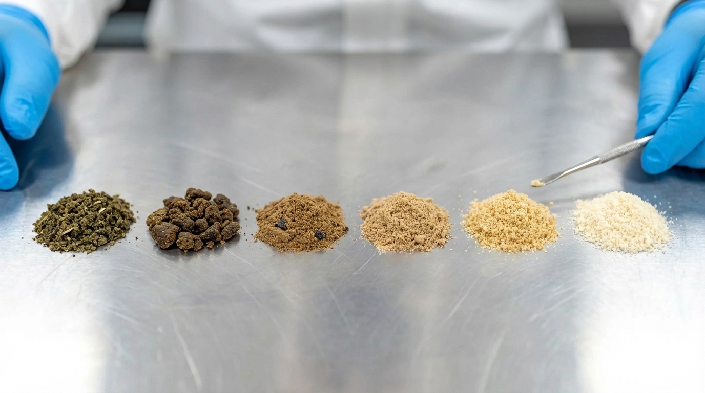 Hash grades at a glance — 6 samples from 1-star cooking grade (dark, plant matter) to 6-star <a href=