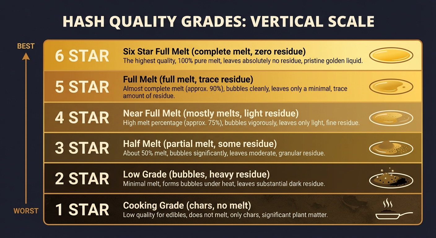How the 1-star to 6-star hash grading system works. What each grade means for melt quality, purity, and pricing — from cooking grade to full melt.