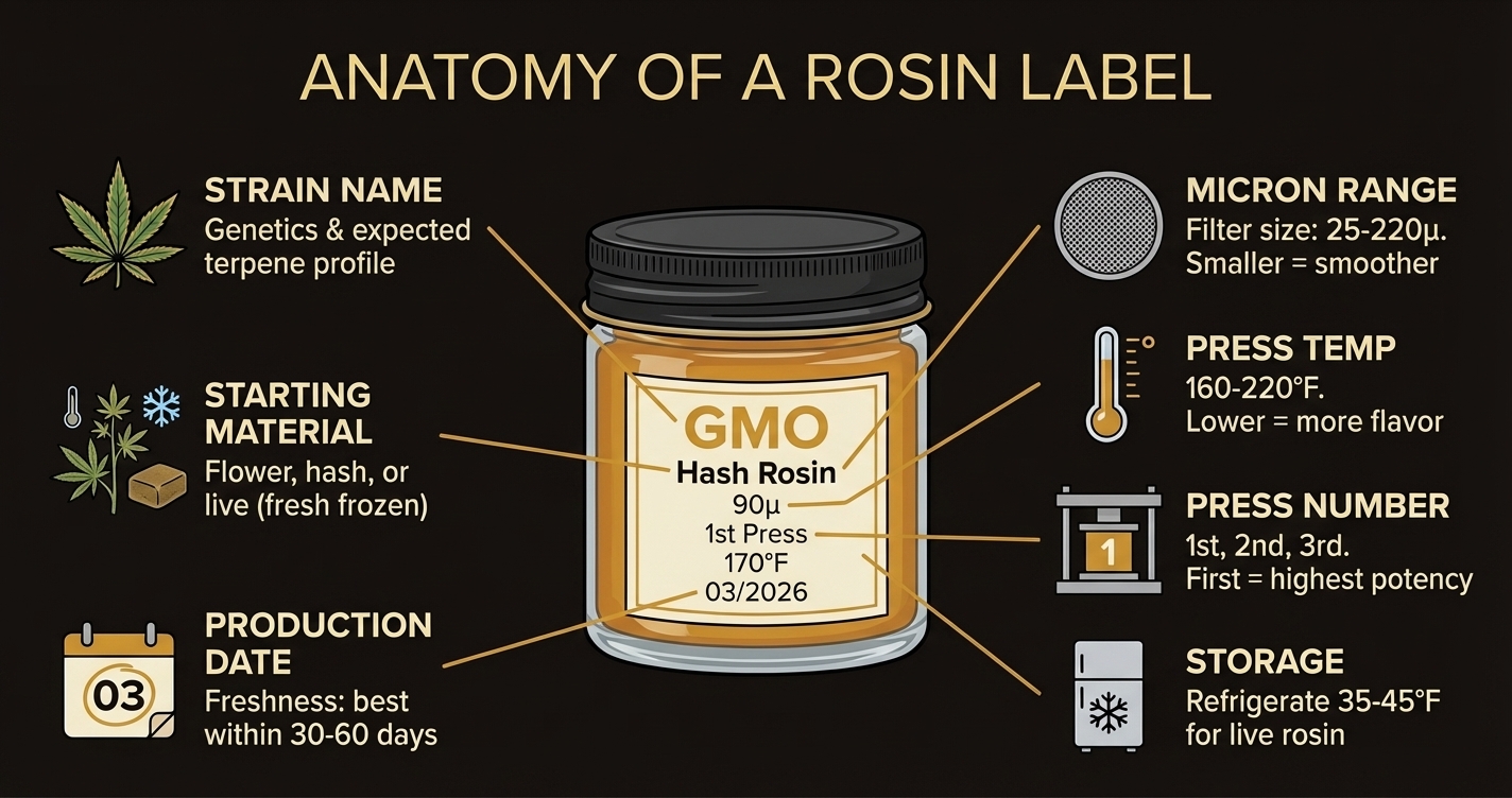 Anatomy of a rosin label — annotated diagram showing strain name, starting material, micron range, press temp, press number, production date, and storage instructions