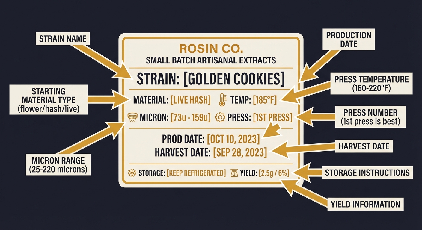 Learn how to read rosin labels including micron ranges, production dates, starting materials, and pressing specs. Decode technical information for better purchasing decisions.
