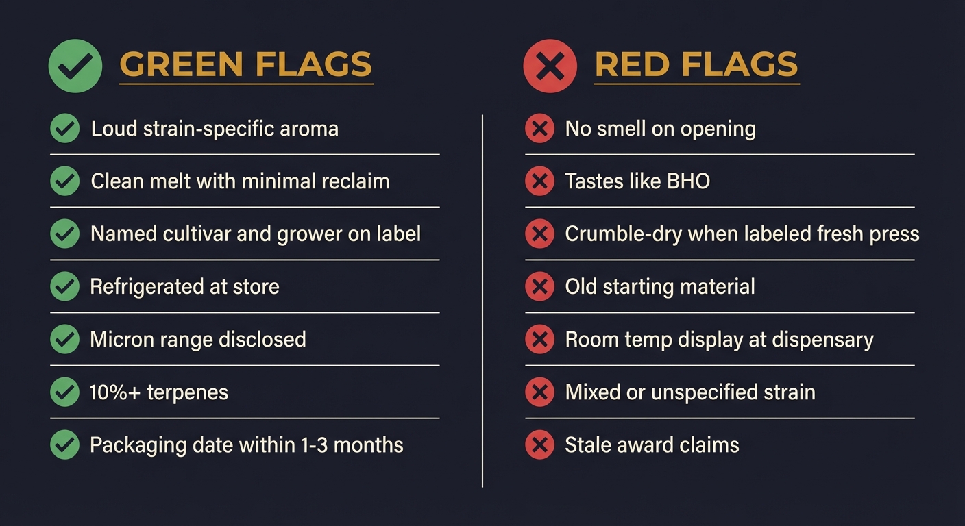 Good rosin smells loud on jar opening, tastes like its named strain, melts clean with minimal residue, and was stored cold. Here's how to assess quality before and after purchase.