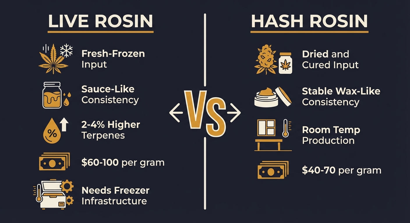Expert FAQ comparing live rosin vs hash rosin processing, quality, pricing, and storage. Technical differences between fresh-frozen and dried cannabis concentrates explained.