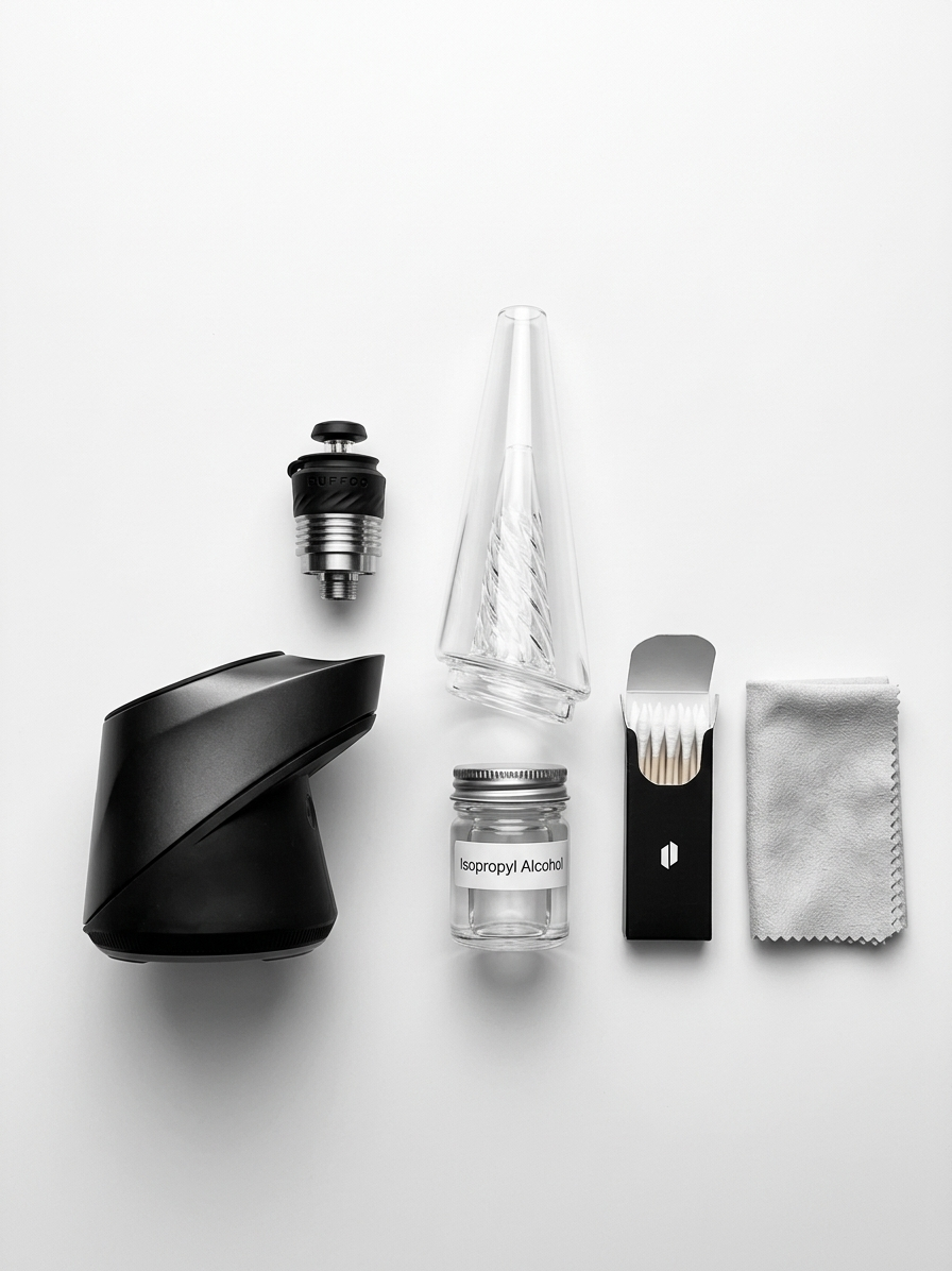Disassembled Puffco Peak Pro with cleaning supplies including isopropyl alcohol and cotton swabs laid out on a white surface