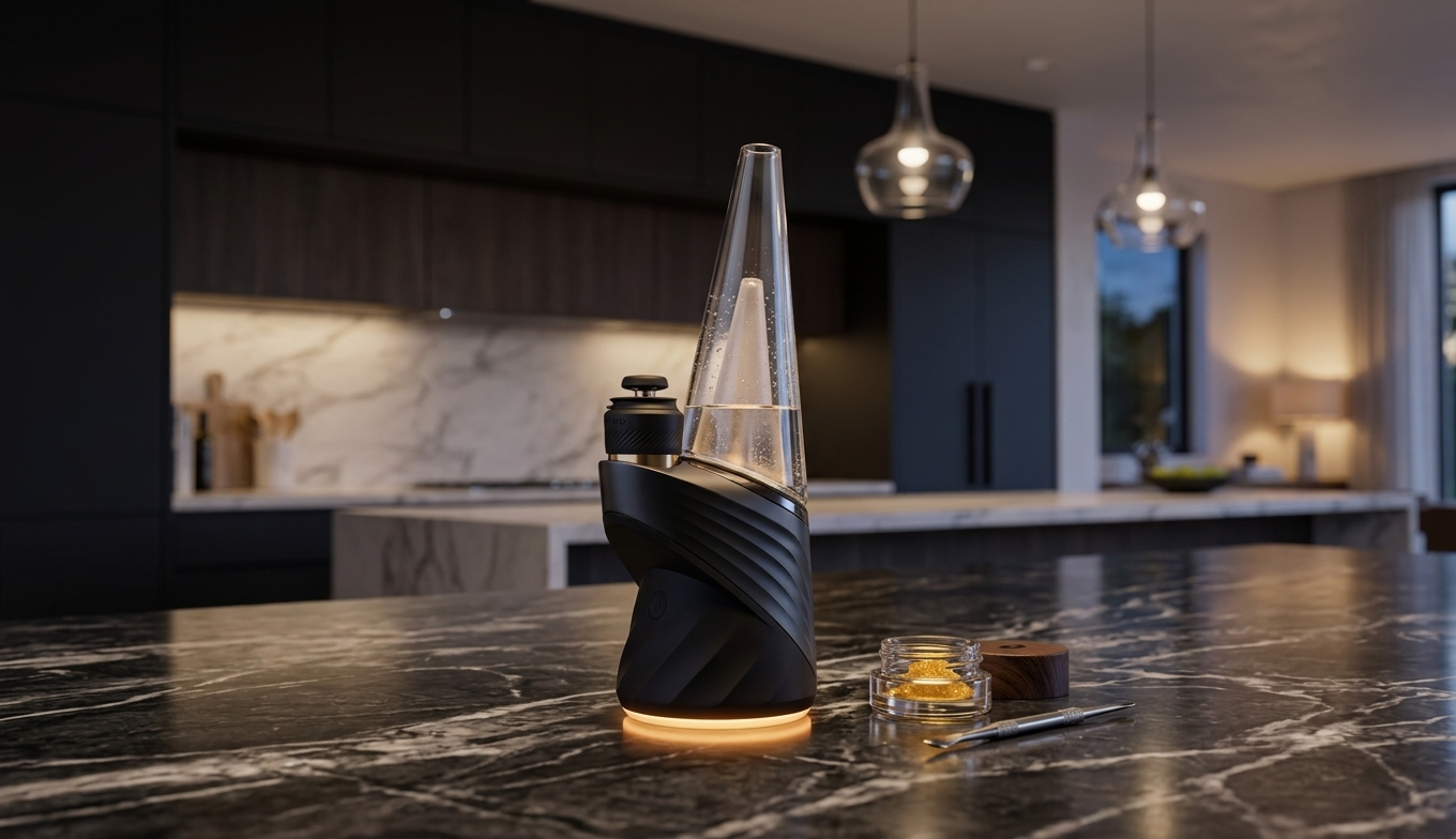 Puffco Peak Pro on a dark marble countertop with amber LED glow