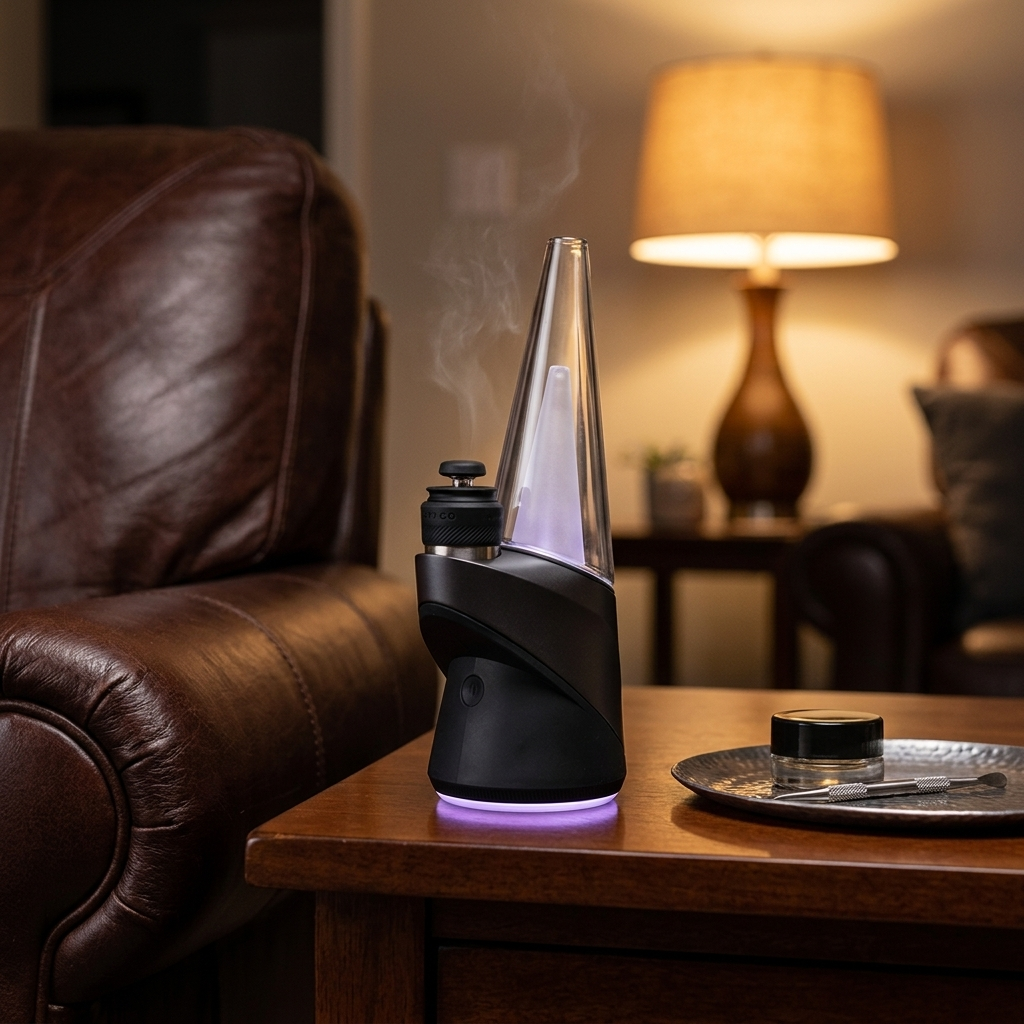 Puffco Peak Pro on a side table with purple LED glow in a cozy evening setting