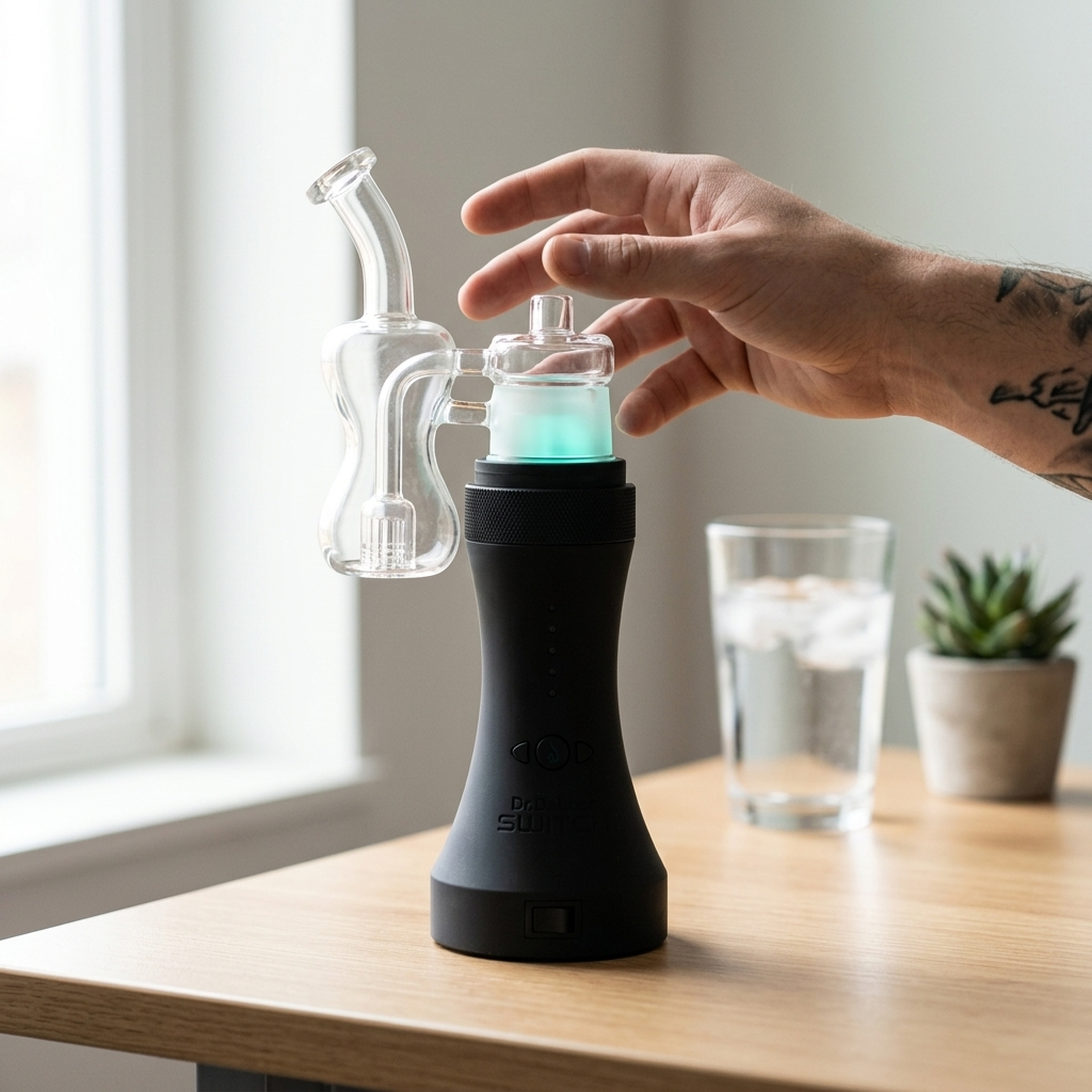 Dr. Dabber Switch with teal LED glow on a desk