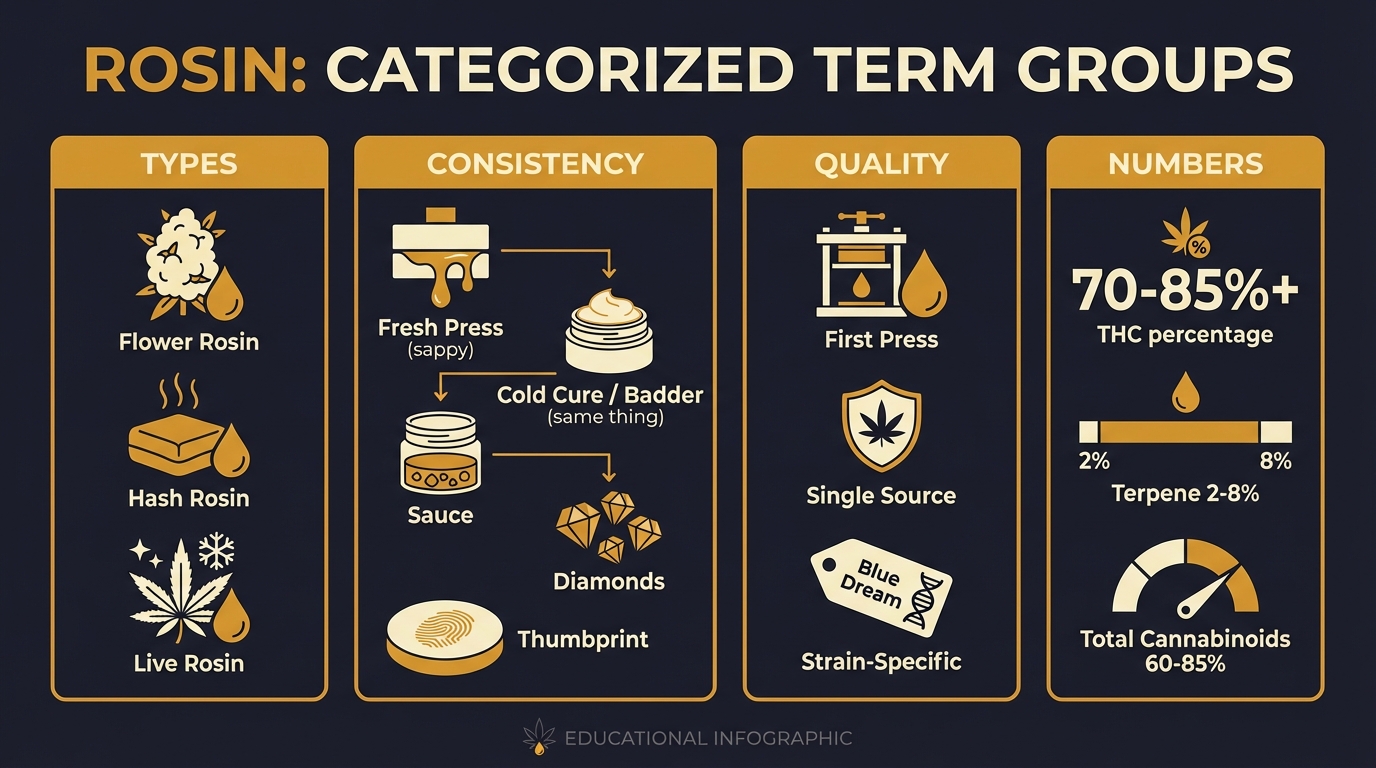 Confused by rosin terms on dispensary menus? Get clear definitions of badder, live rosin, hash rosin, cold cure, and more cannabis concentrate terminology.