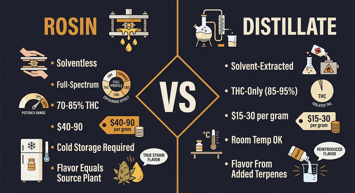 Rosin is a solventless full-spectrum concentrate with natural terpenes. Distillate is refined THC with terpenes added back. The differences in flavor, effects, and price are real, here's what matters.