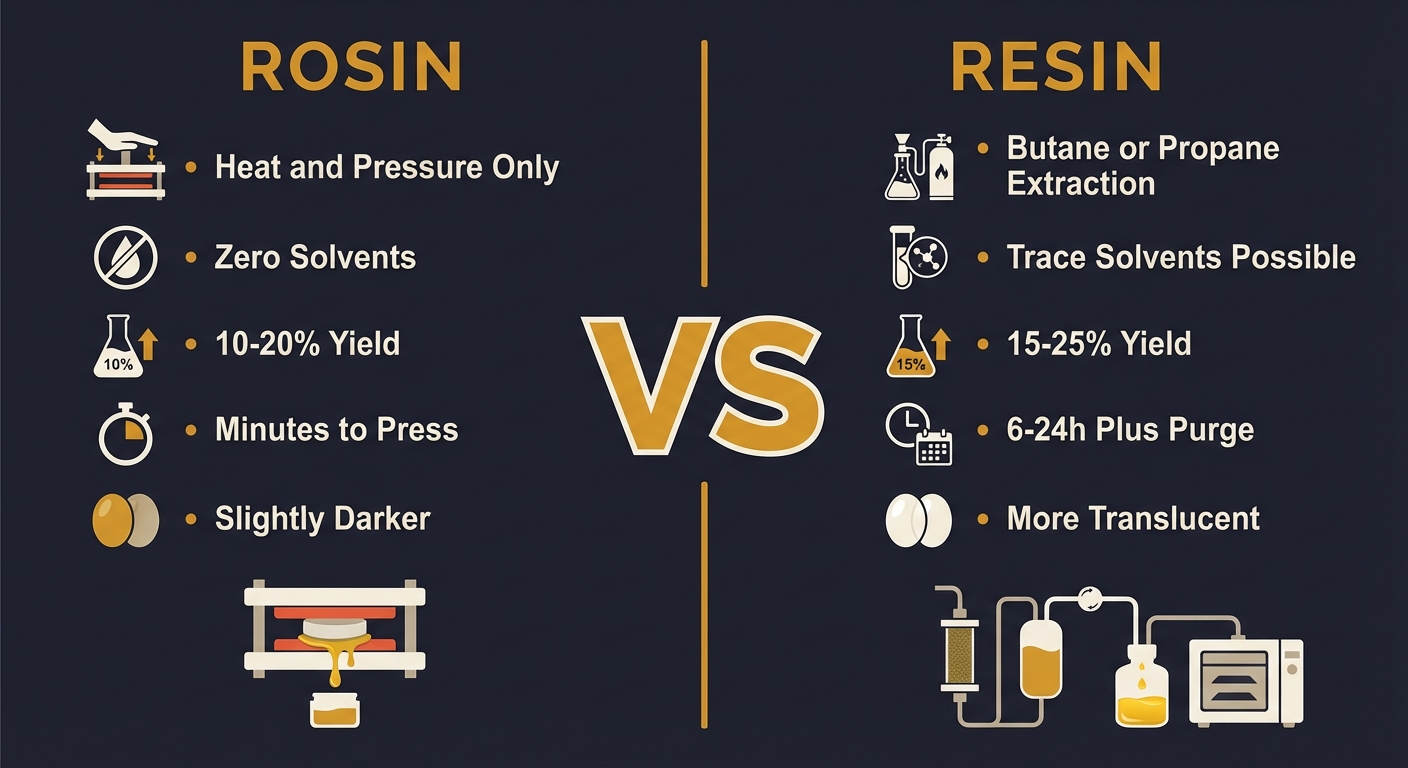 Learn the key differences between rosin and resin concentrates. Understand extraction methods, quality factors, and storage for these cannabis products.