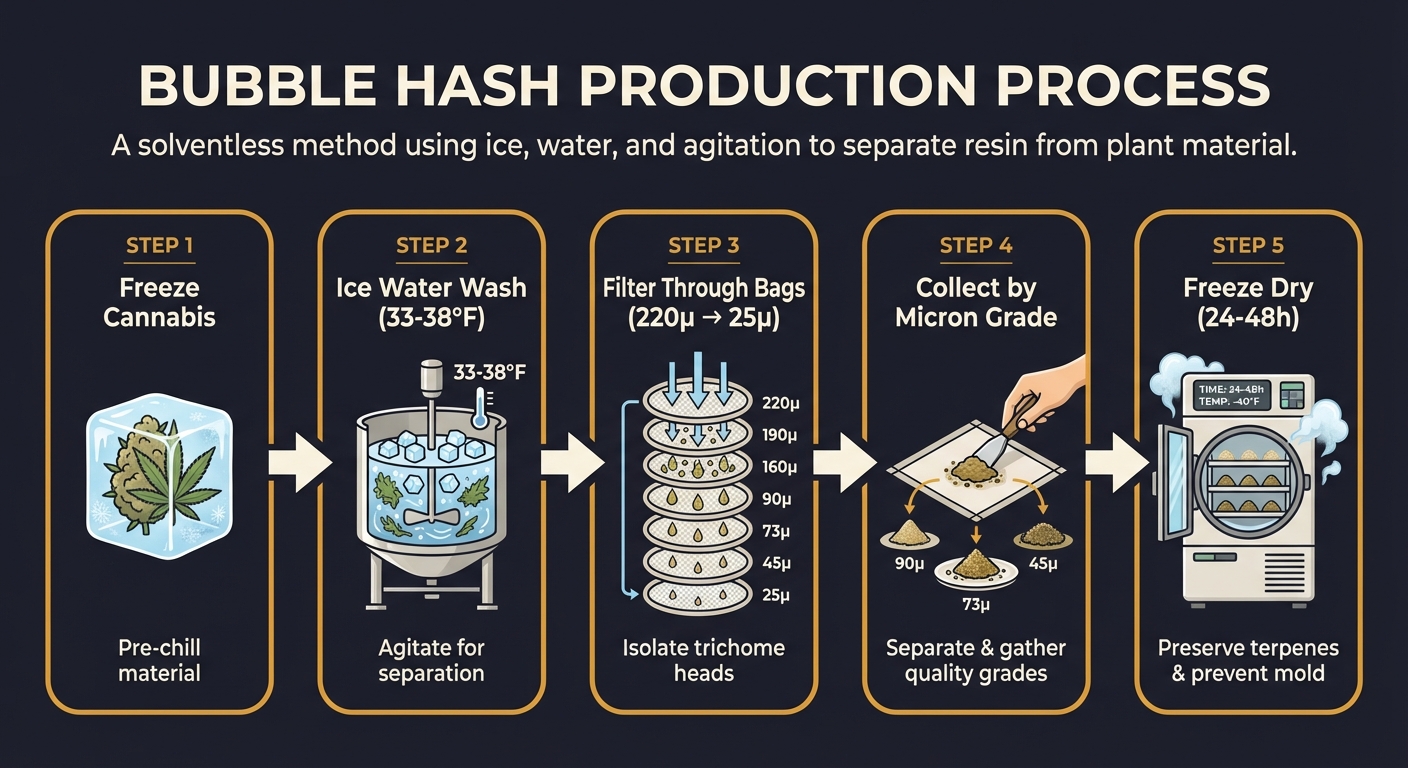 Bubble hash is a solventless cannabis concentrate made with ice water extraction and mesh screens. Learn micron ratings, quality grades, and storage methods.