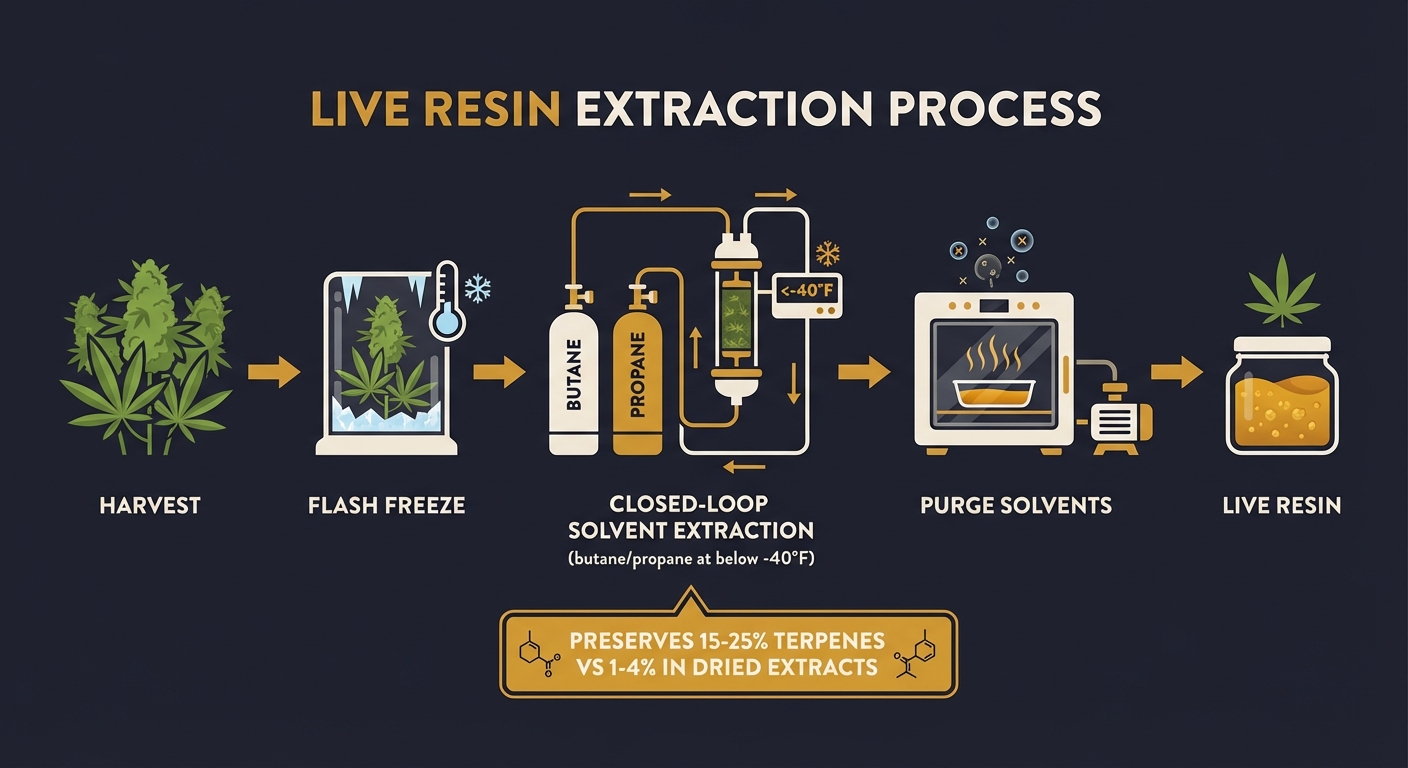 Live resin is a cannabis concentrate made from fresh-frozen plants, preserving 15-25% terpenes vs 1-4% in dried extracts. Learn the key differences and identification tips.