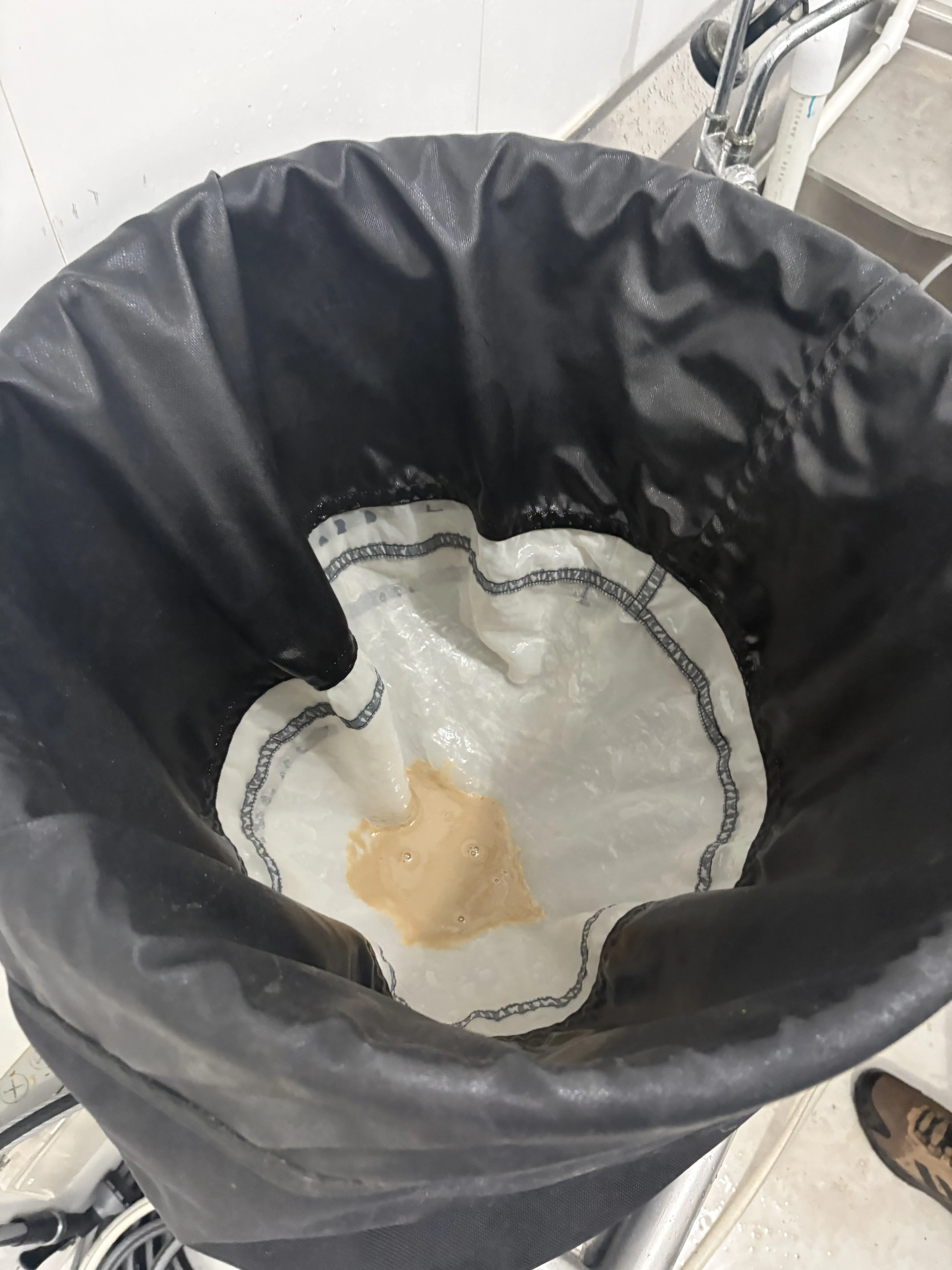 Bubble bag with golden hash yield visible on the fine mesh screen after ice water extraction