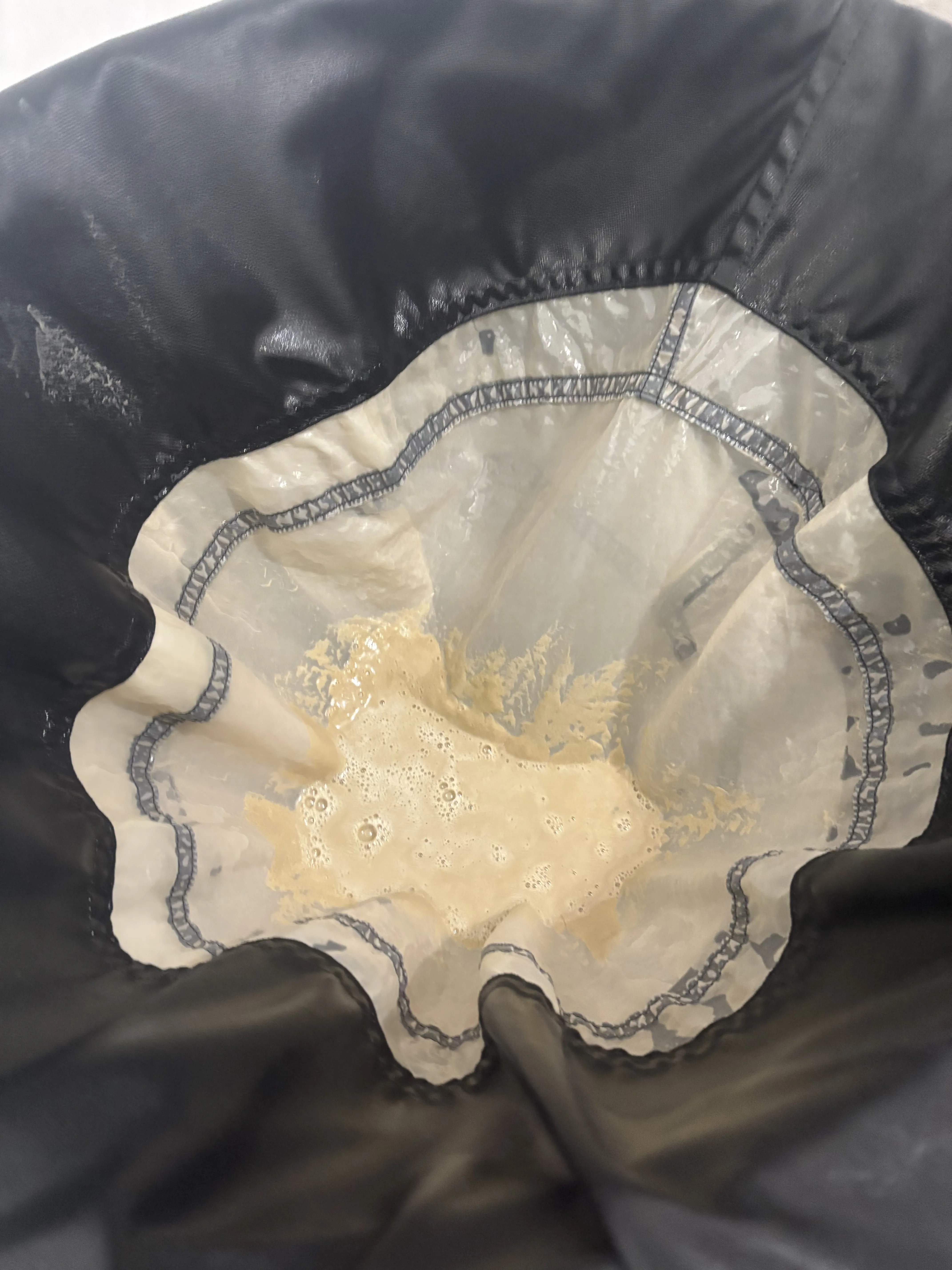 Bubble bag with golden wet hash on the mesh screen, showing the quality of trichome separation during ice water extraction