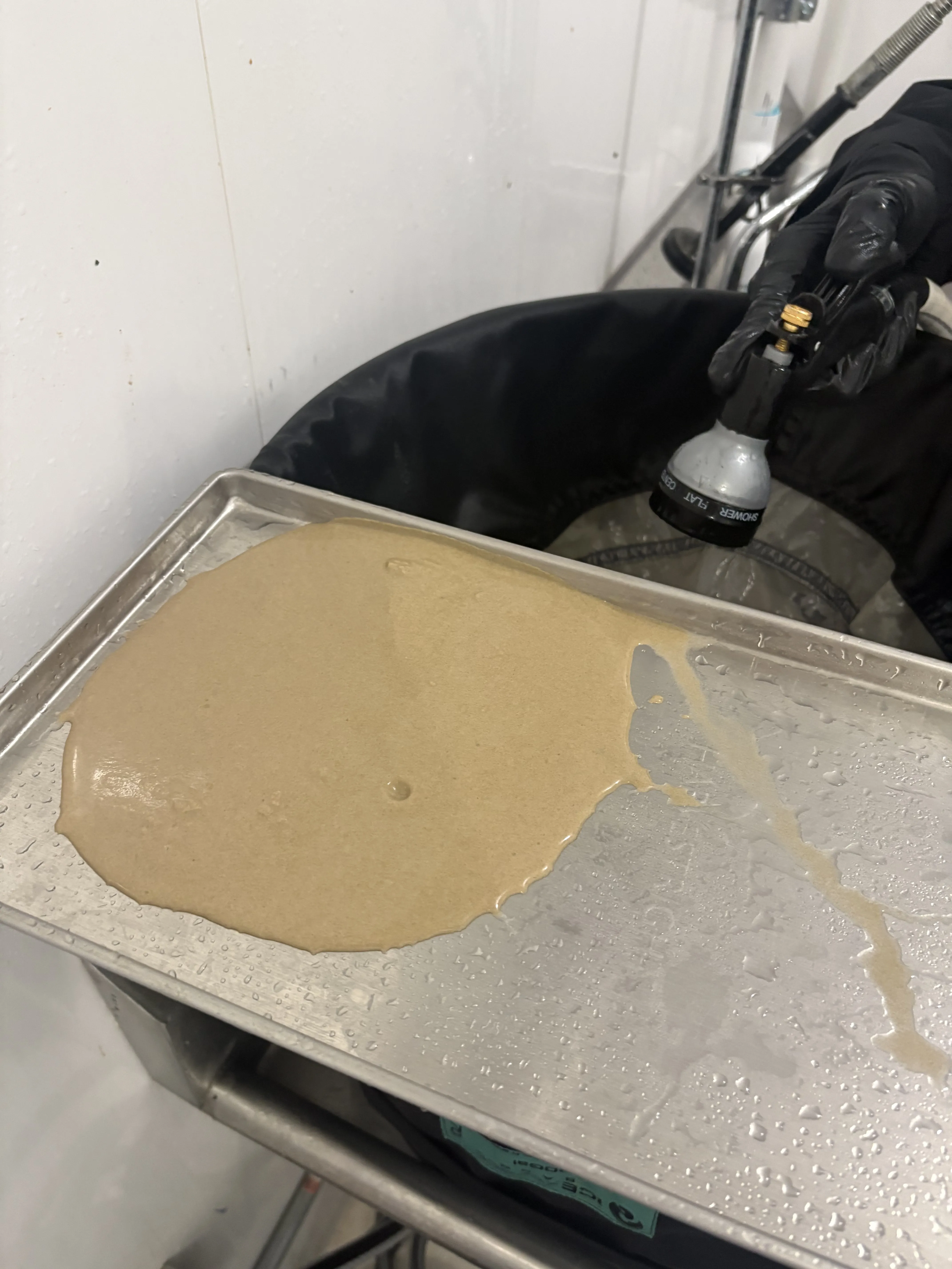 Gloved hands holding a stainless steel tray with clean hash patty, spray bottle nearby for rinsing